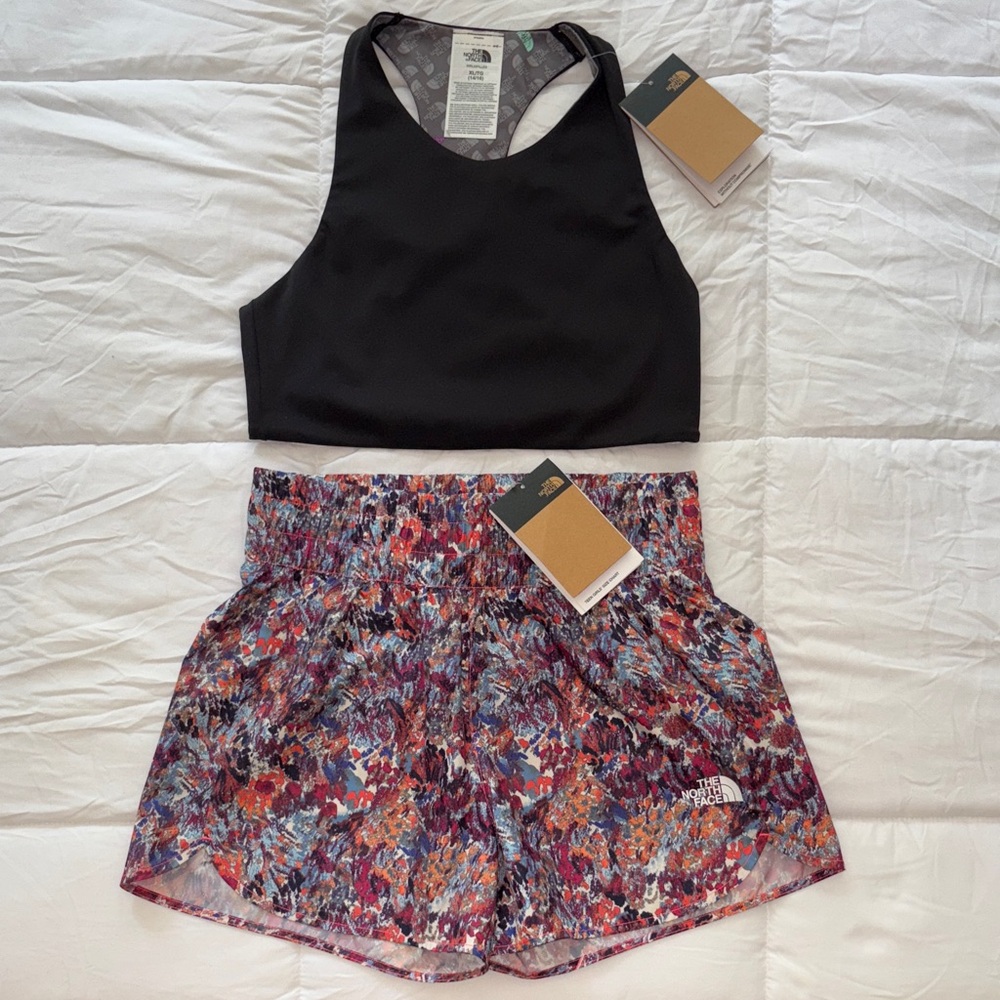 North Face Never Stop Woven Shorts & Reversable Tanklette Sport Bra XL 14/16 NWT